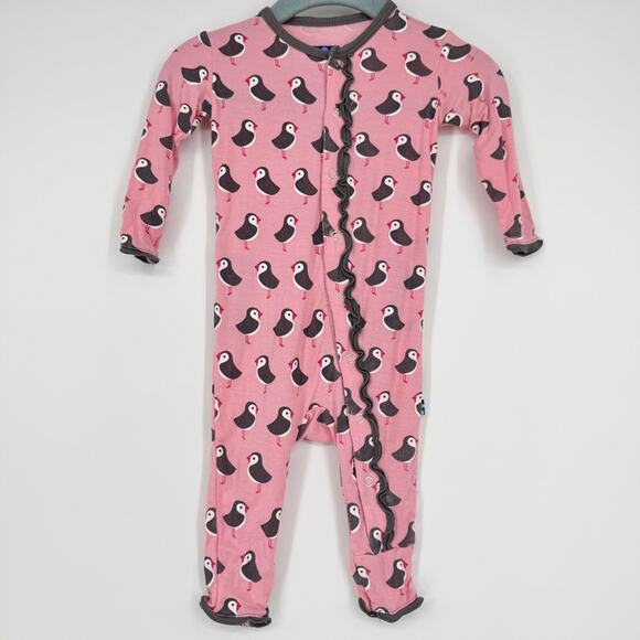 Kickee Pants Pink Lotus Puffin Bird Ruffle Coverall Bamboo Pajama 3-6‎ months - Picture 1 of 6